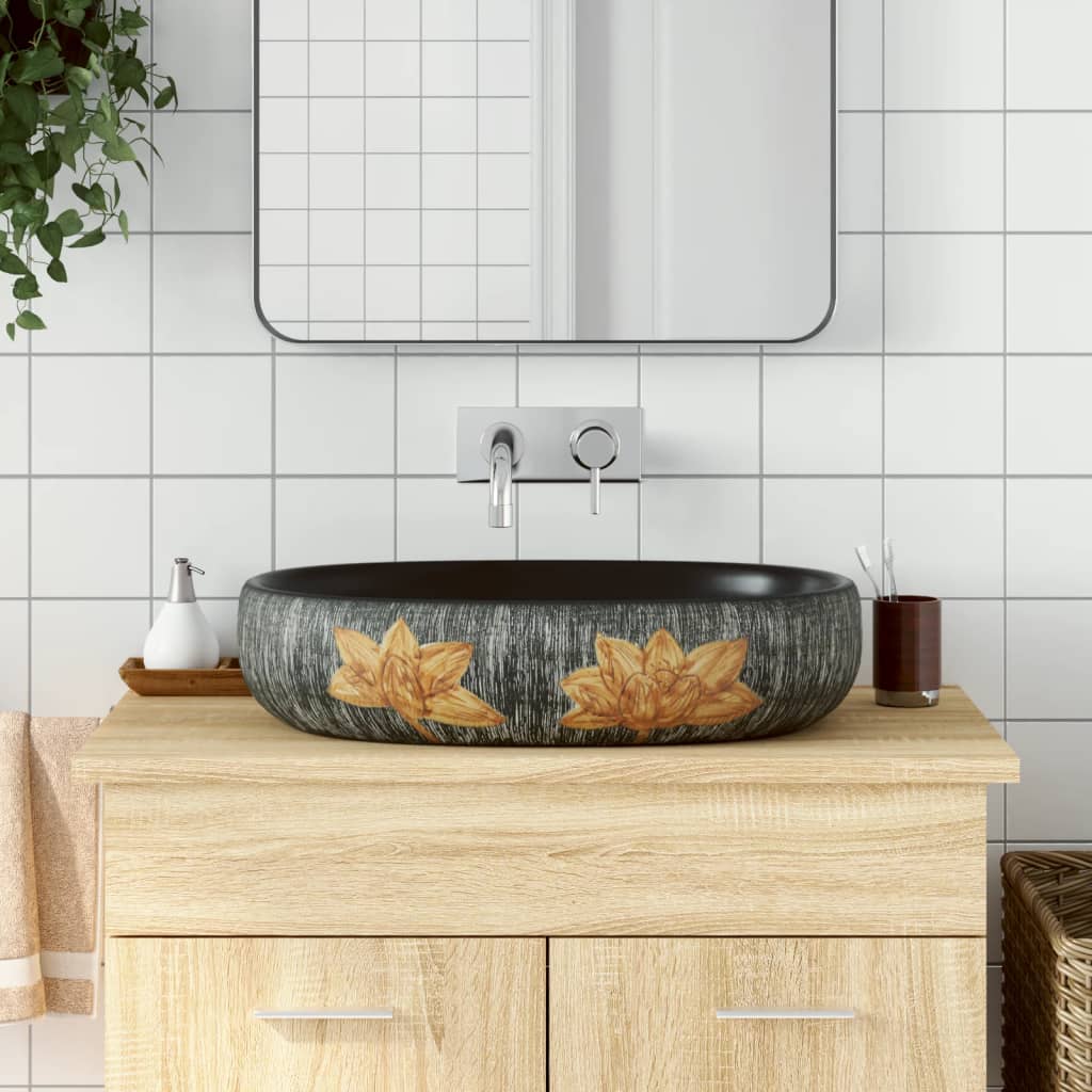 Countertop Basin Grey and Black Oval 59x40x14 cm Ceramic - Millennium Furniture