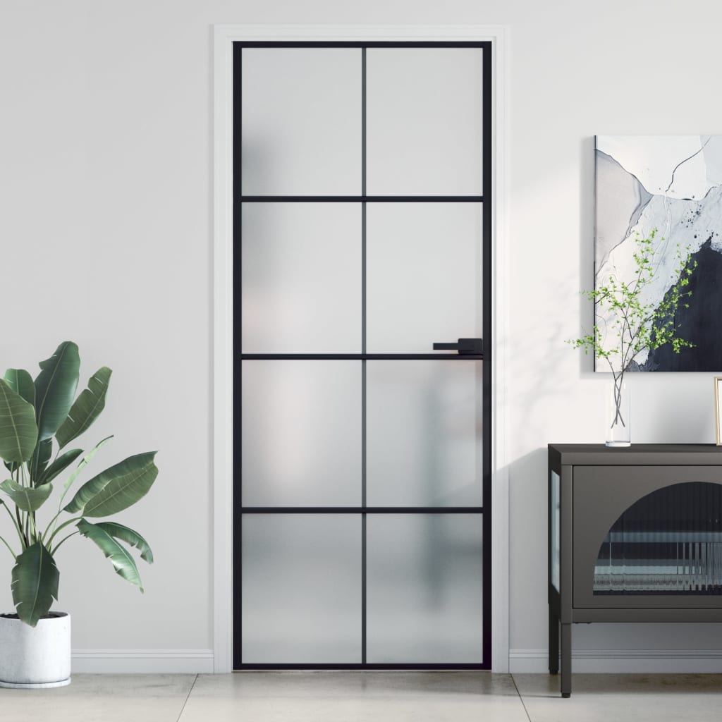 Interior Door Slim Black 83x201.5 cm Tempered Glass and Aluminium - Discount Dealers