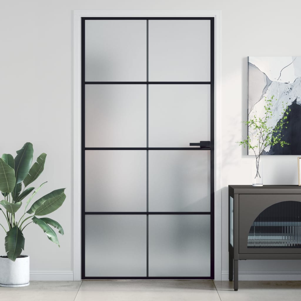 Interior Door Slim Black 102.5x201.5 cm Tempered Glass and Aluminium - Discount Dealers