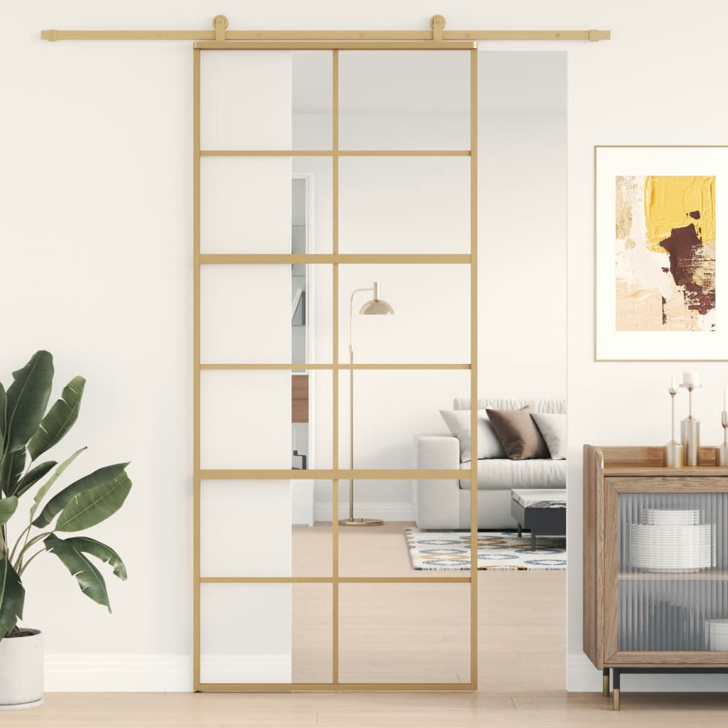 Sliding Door Gold 90x205 cm Clear ESG Glass and Aluminium - Discount Dealers