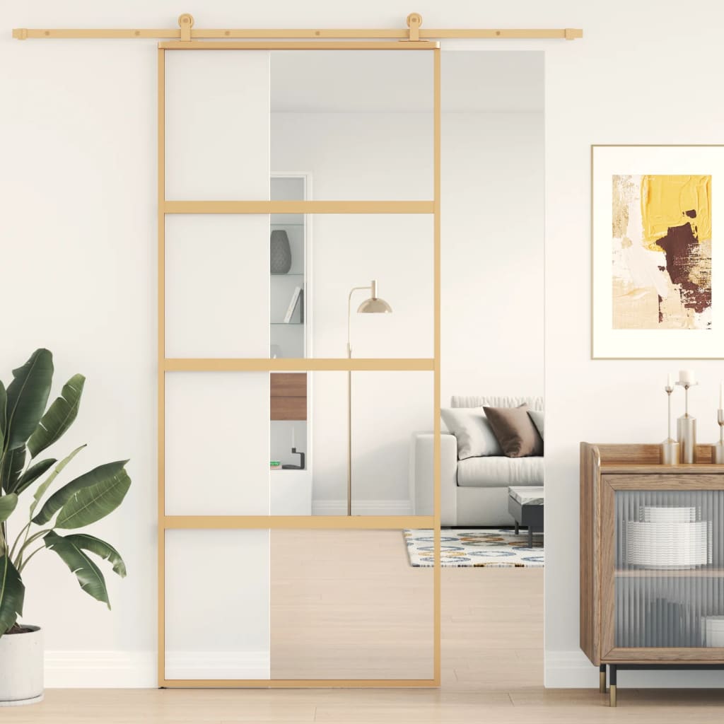 Sliding Door Gold 90x205 cm Clear ESG Glass and Aluminium - Millennium Furniture