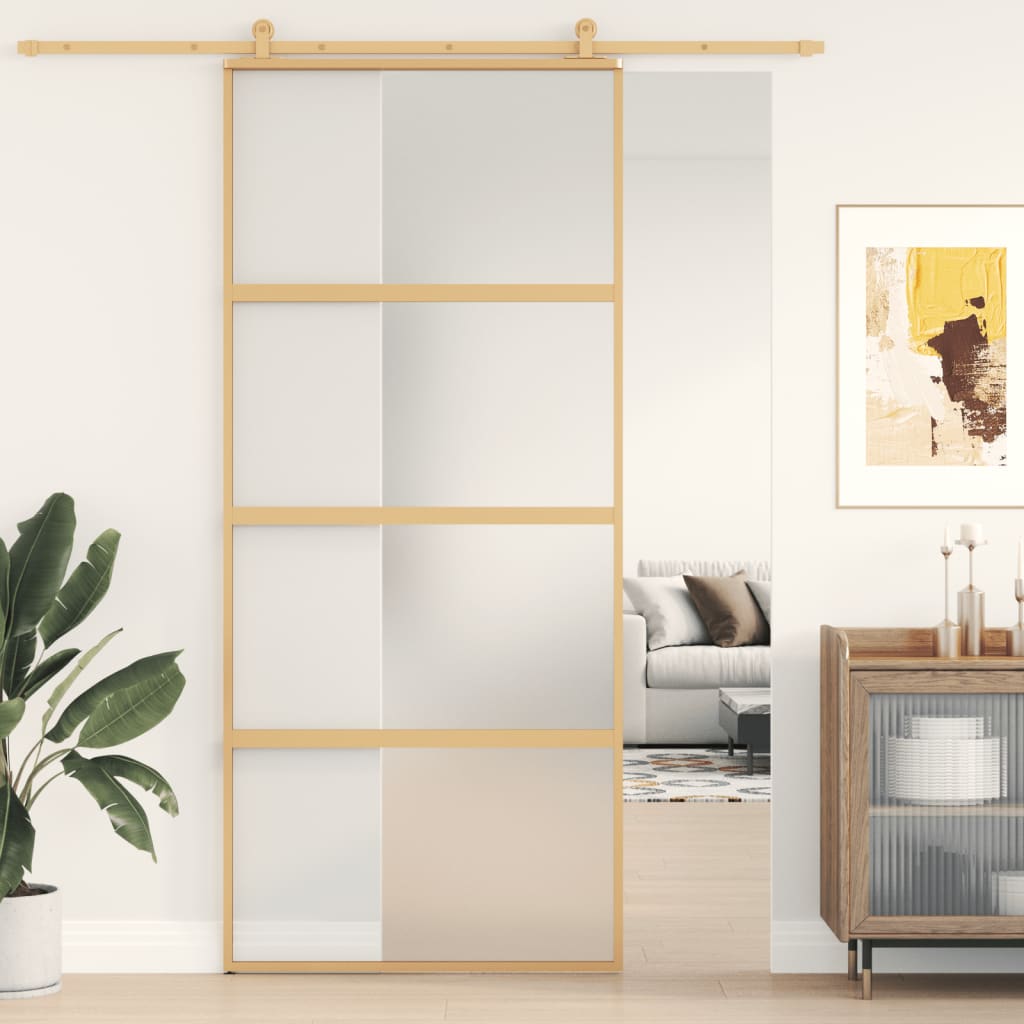 Sliding Door Gold 90x205 cm Frosted ESG Glass and Aluminium - Merlin Deals