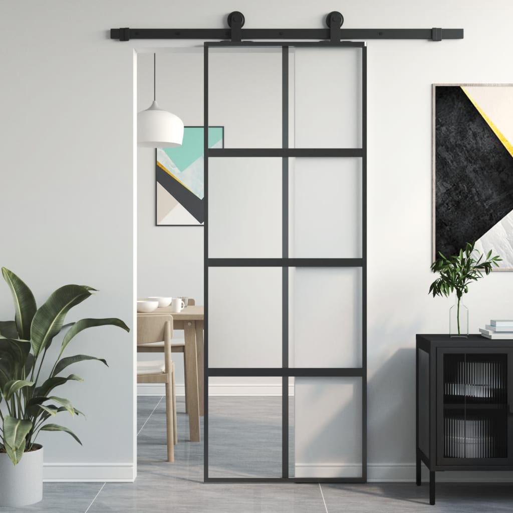 Sliding Door Black 76x205 cm Tempered Glass and Aluminium - Direct Imports