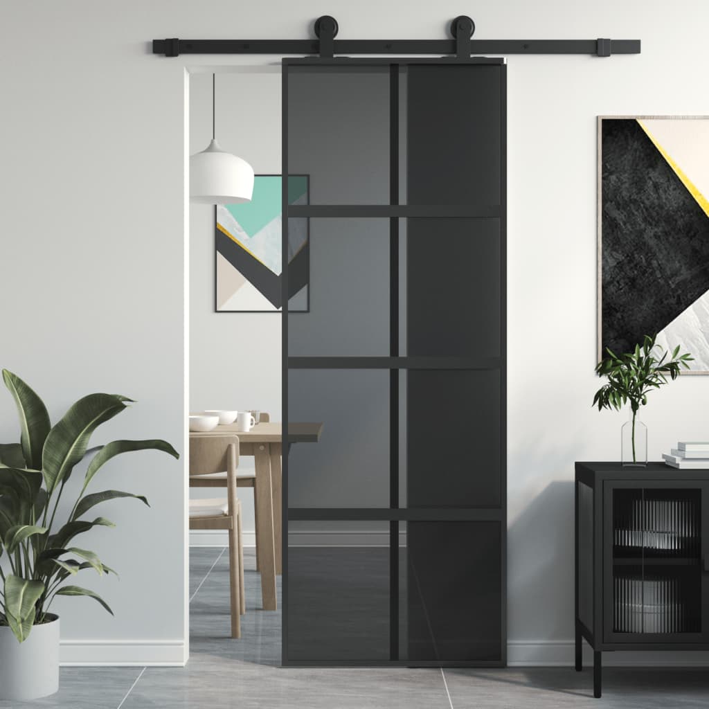 Sliding Door Black 76x205 cm Tempered Glass and Aluminium - Merlin Deals