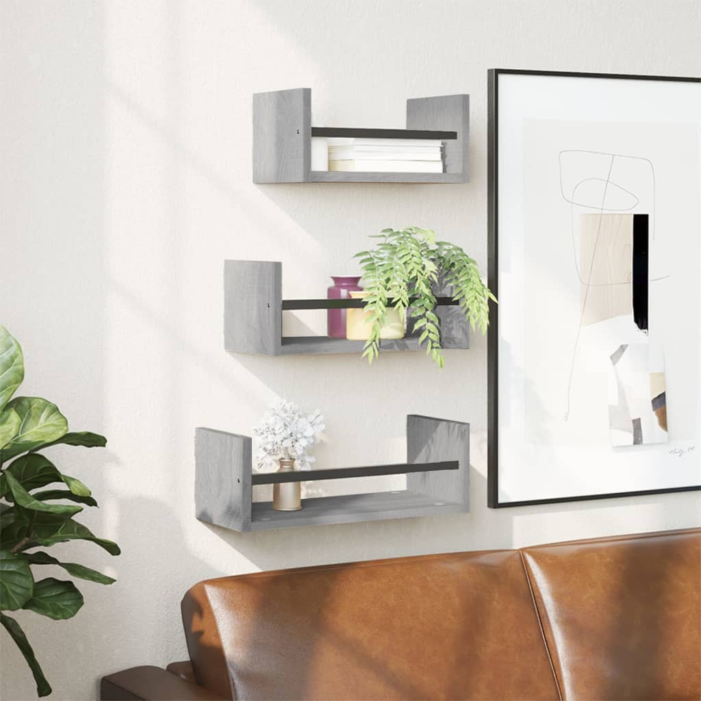 3 Piece Wall Shelf Set with Bars Grey Sonoma Engineered wood - Millennium Furniture