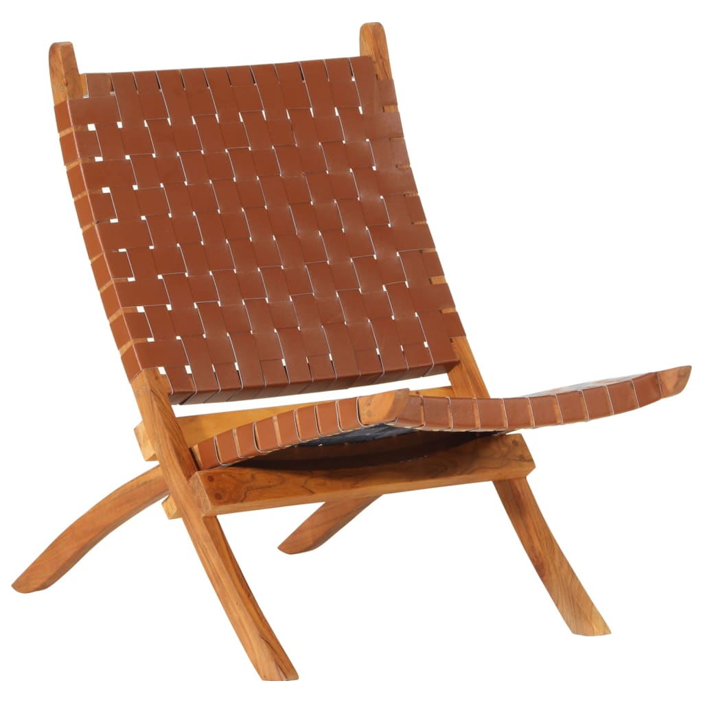 Folding Relaxing Chair Brown Real Leather - Decor Base