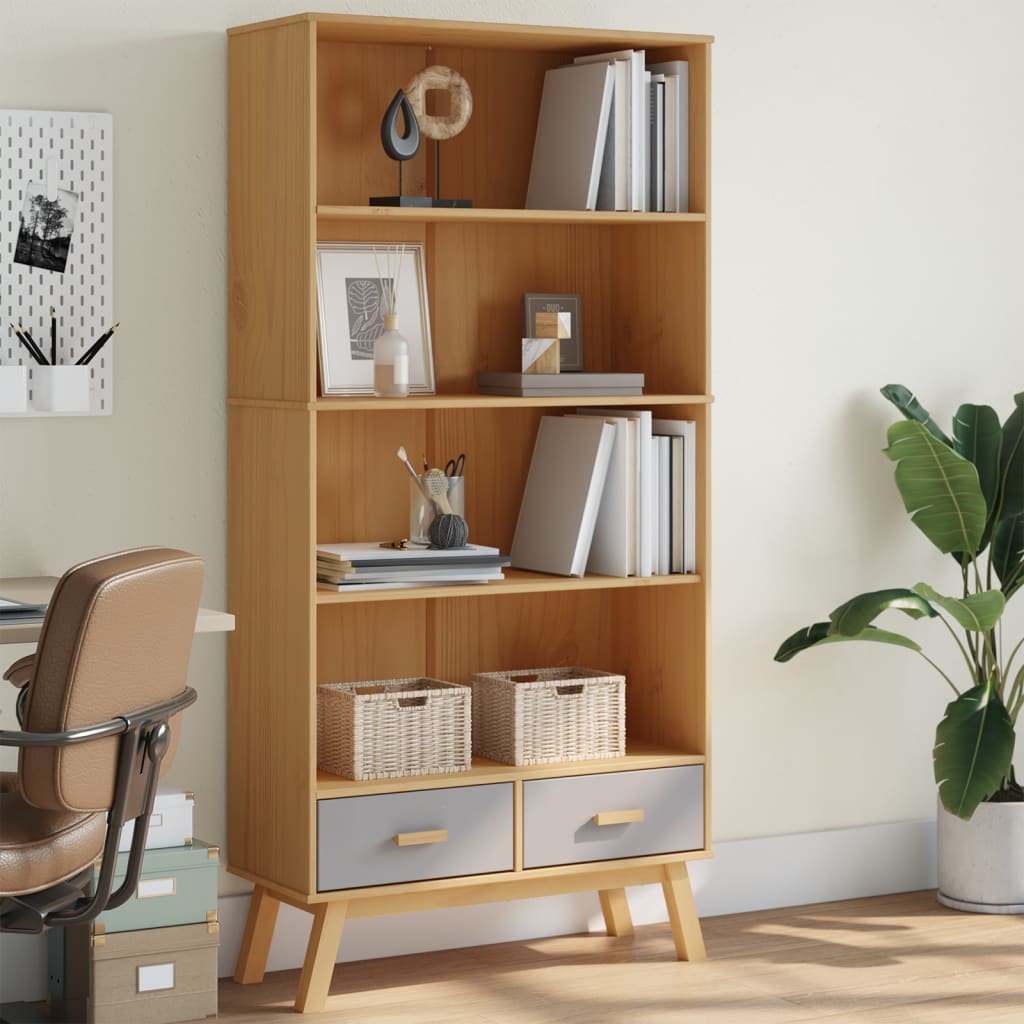Bookcase 4-Tier OLDEN Grey and Brown Solid Wood Pine - Merkel Designers