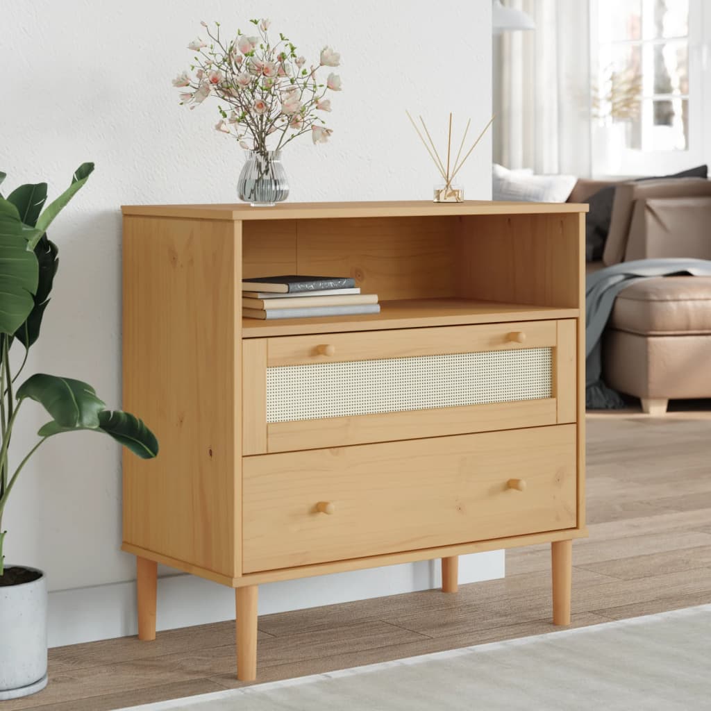 Sideboard SENJA Rattan Look Brown 80x40x80 cm Solid Wood Pine - Merlin Deals