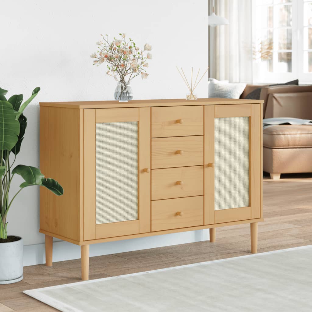 Sideboard SENJA Rattan Look Brown 112x40x80 cm Solid Wood Pine - Sid & Sam