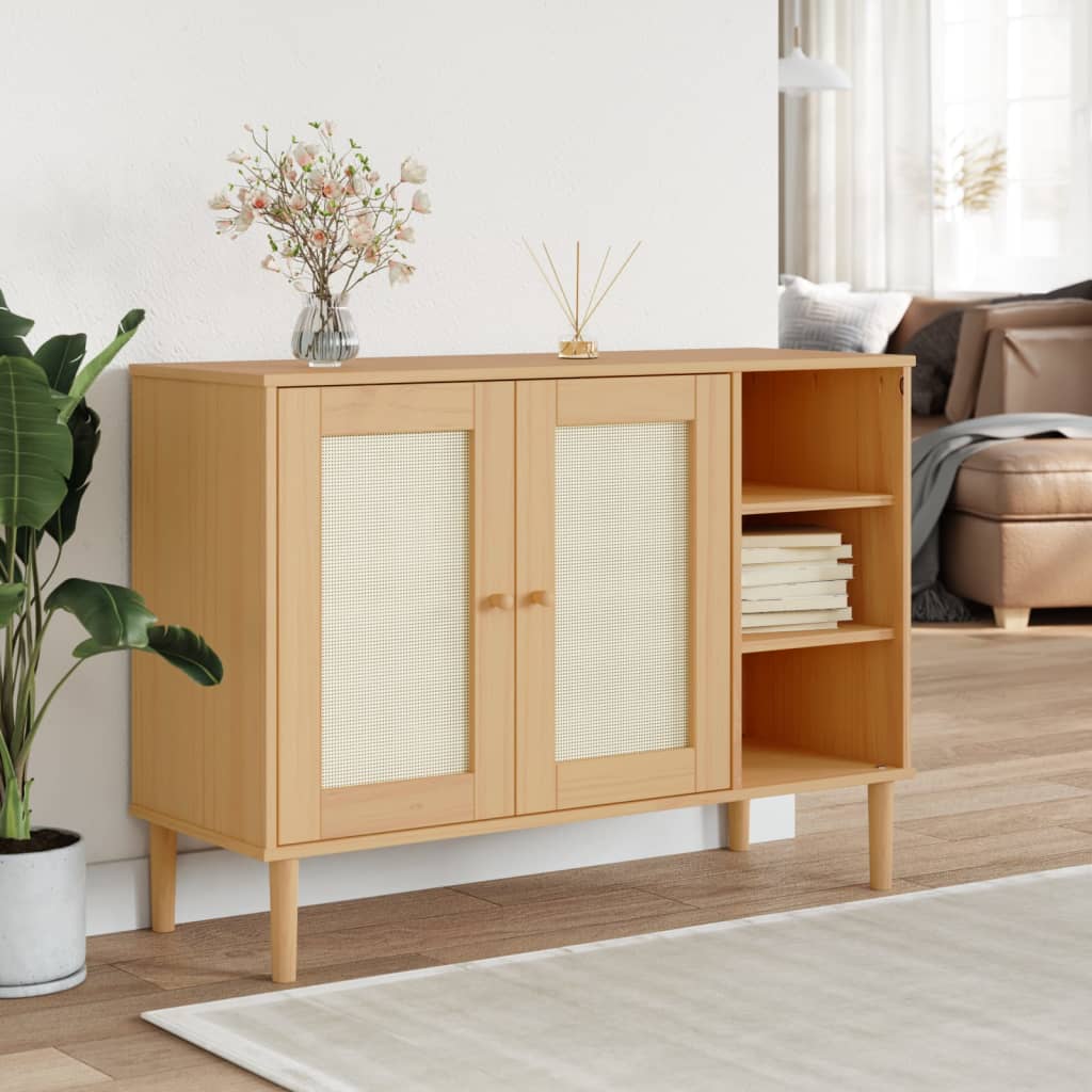 Sideboard SENJA Rattan Look Brown 112x40x80cm Solid Wood Pine - Casper Homes