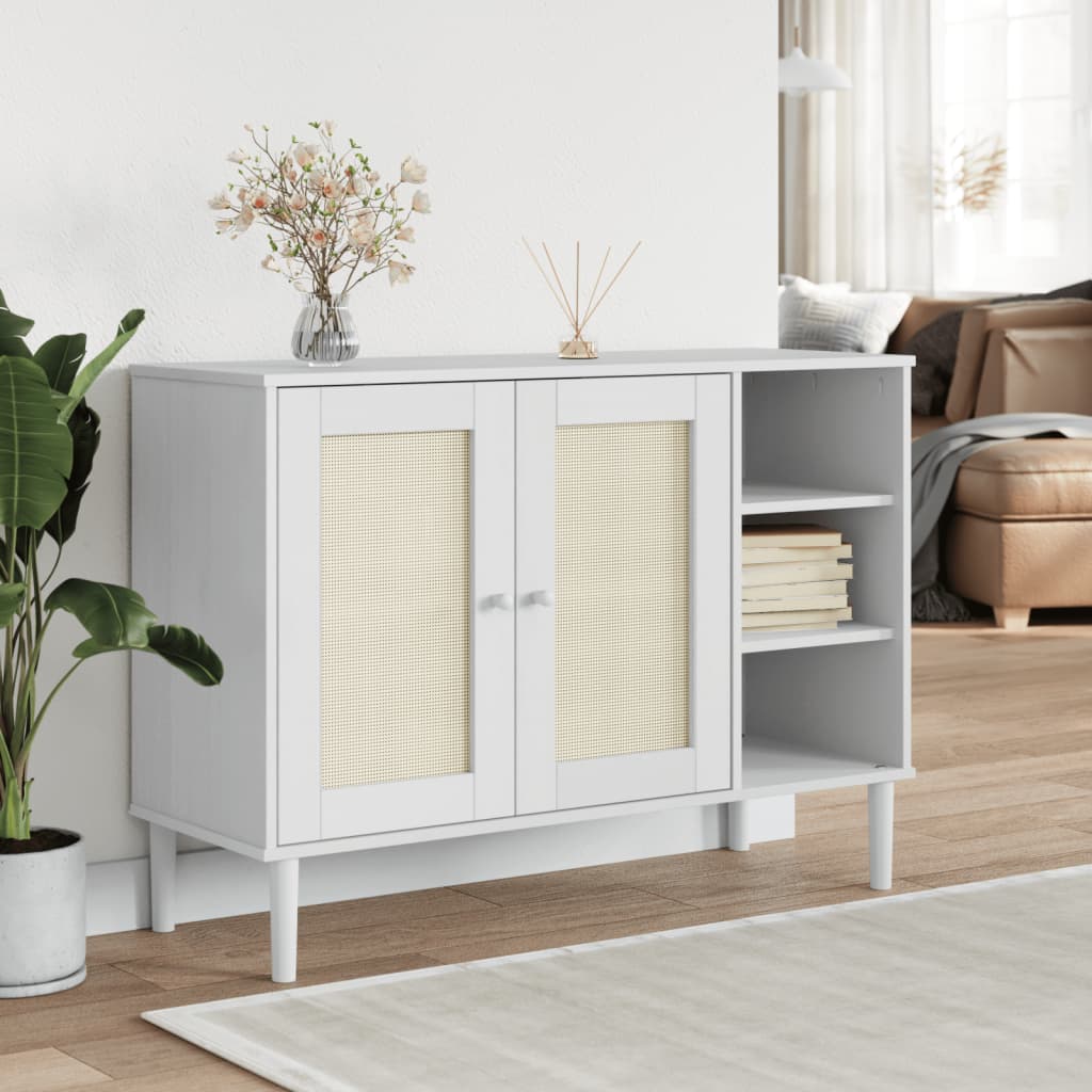 Sideboard SENJA Rattan Look White 112x40x80cm Solid Wood Pine - Direct Imports