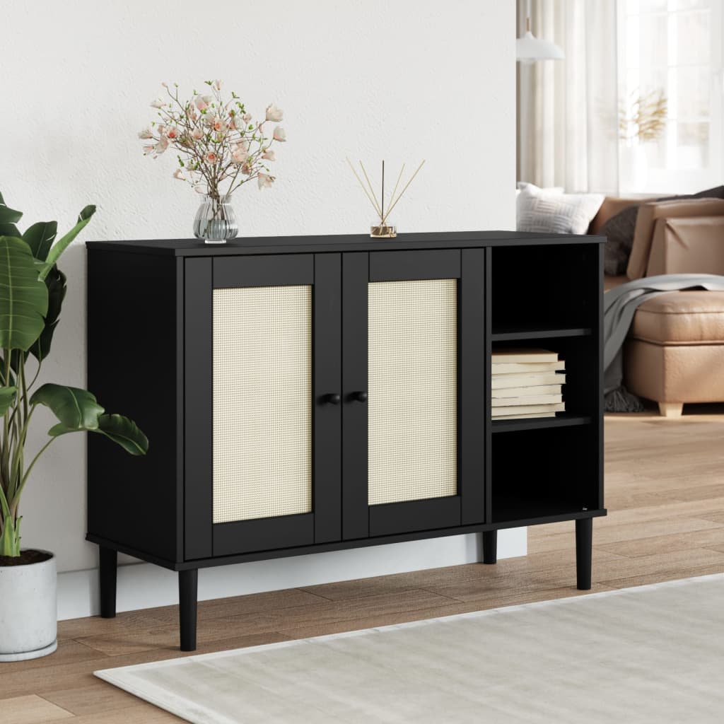 Sideboard SENJA Rattan Look Black 112x40x80cm Solid Wood Pine - Tyrell & Tyrell