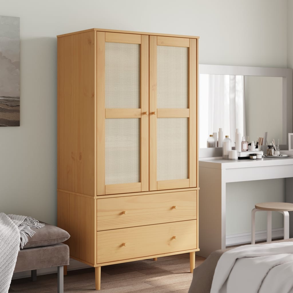 SHON 2 Door Rattan Wardrobe with 2 Drawers Brown - 90cm - All Things Good