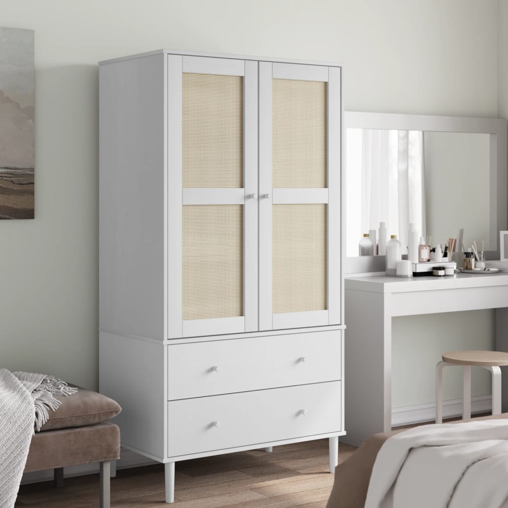 SHON 2 Door Rattan Wardrobe with 2 Drawers White - 90cm - Casper Homes