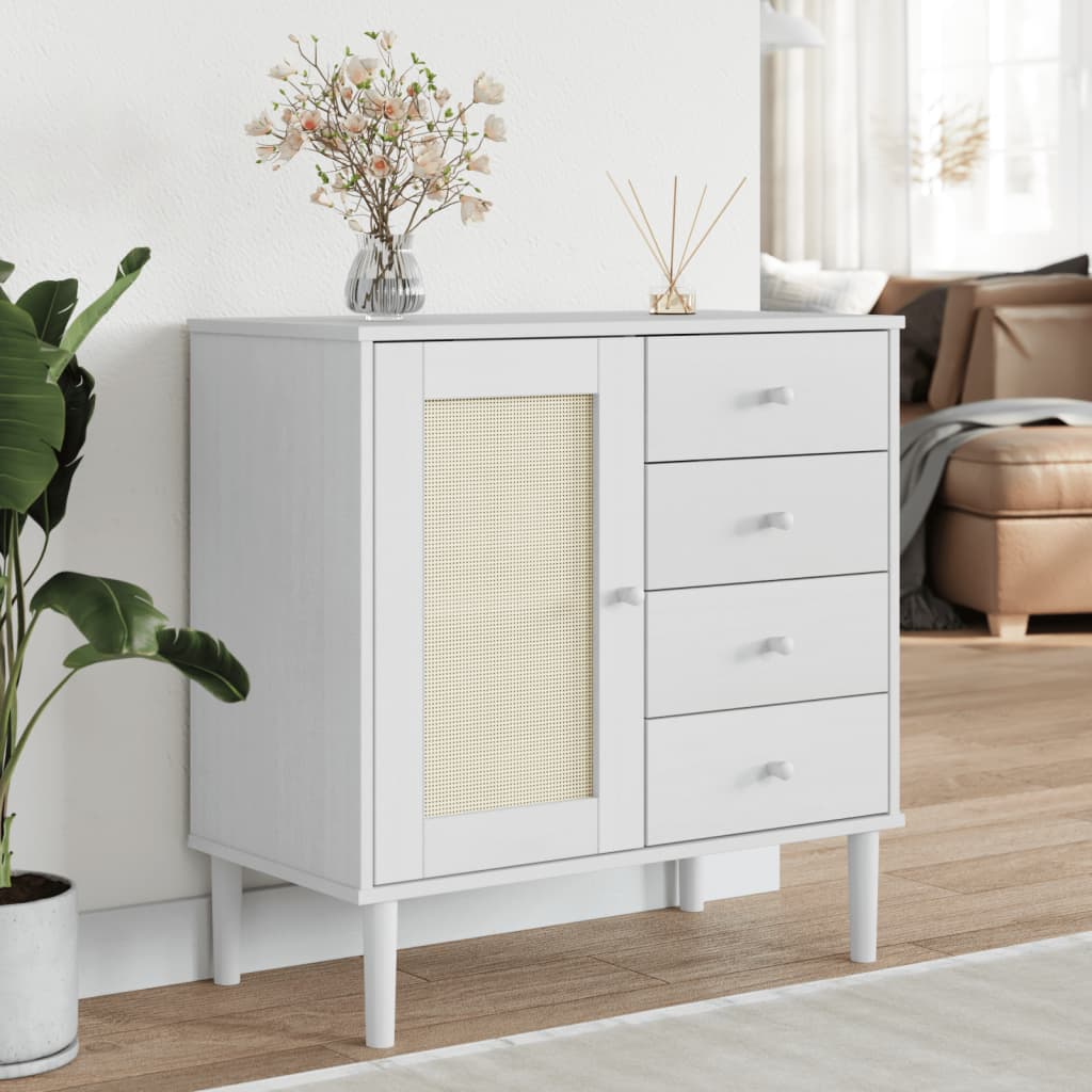 Sideboard SENJA Rattan Look White 80x40x80 cm Solid Wood Pine - Merlin Deals