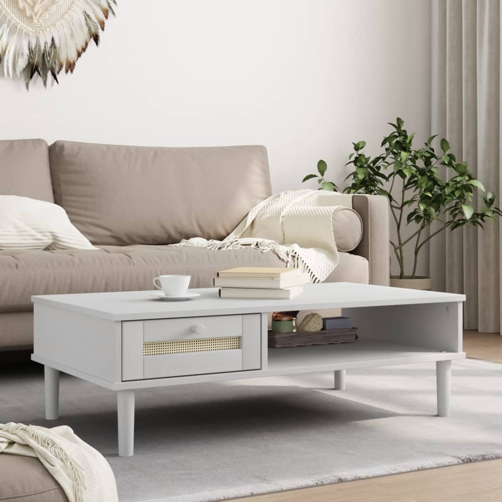 Coffee Table SENJA Rattan Look White 100x55x33 cm Solid Wood - Brittle & Co