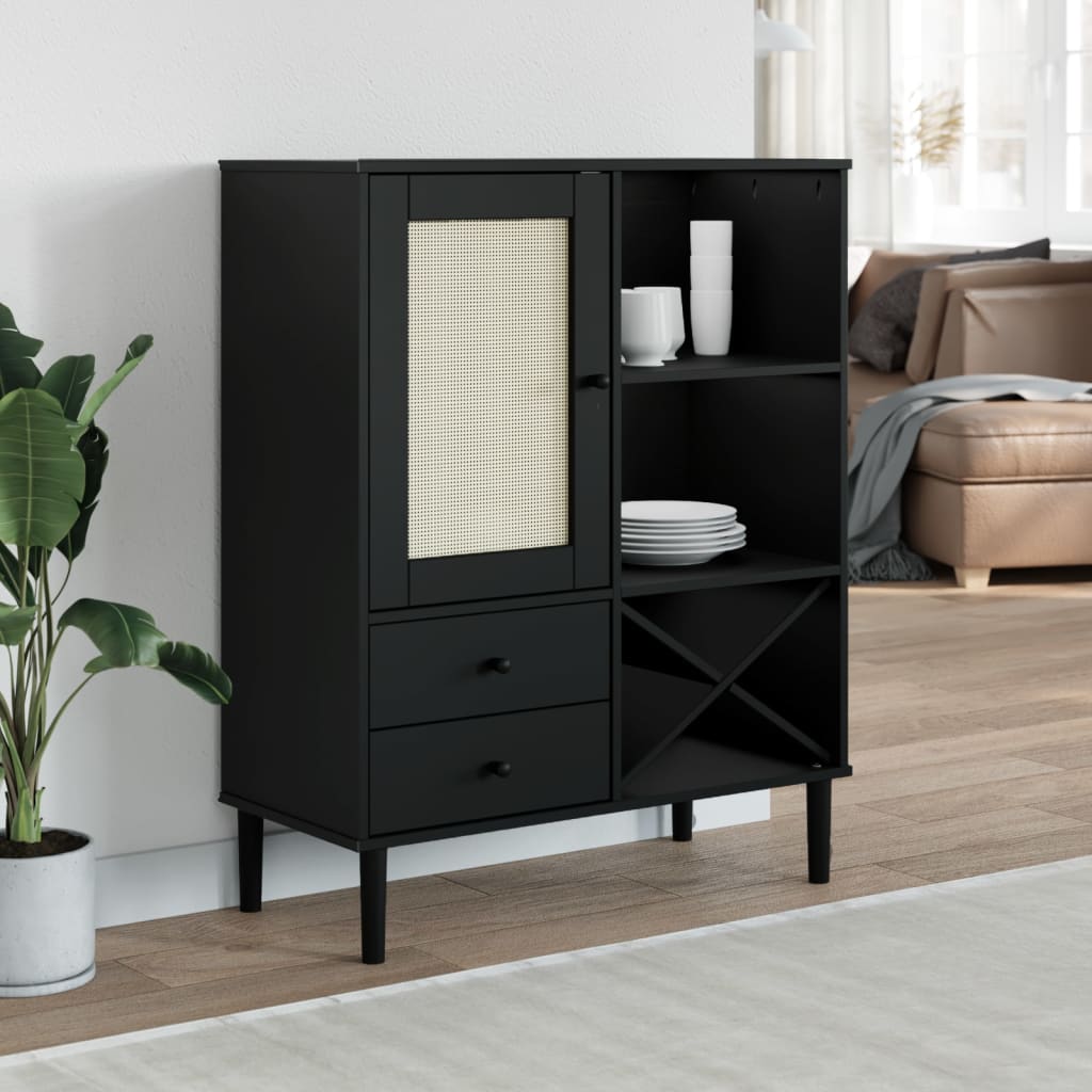 Highboard SENJA Rattan Look Black 90x40x112cm Solid Wood Pine - Discount Dealers