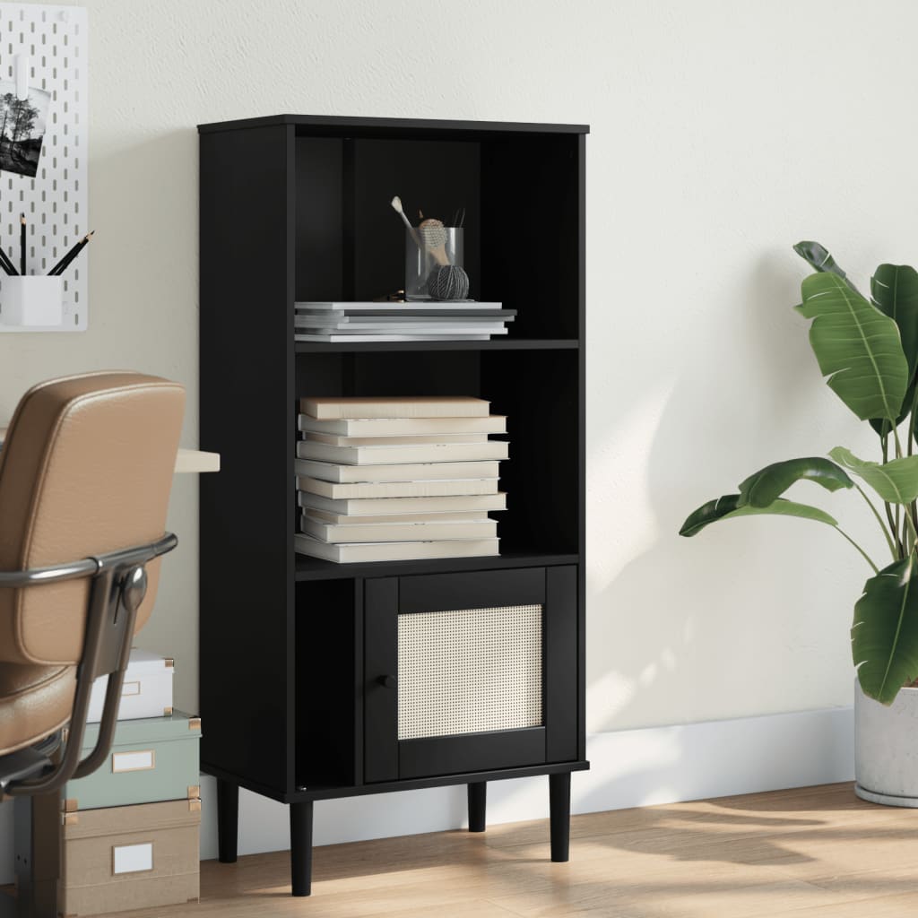 Bookcase SENJA Rattan Look Black 60x35x130 cm Solid Wood Pine - All Things Good