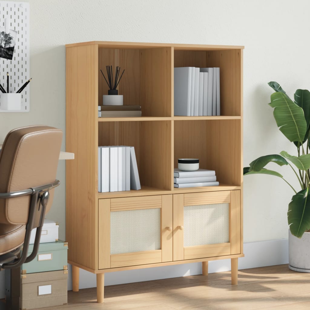Bookcase SENJA Rattan Look Brown 90x35x130 cm Solid Wood Pine - Casper Homes