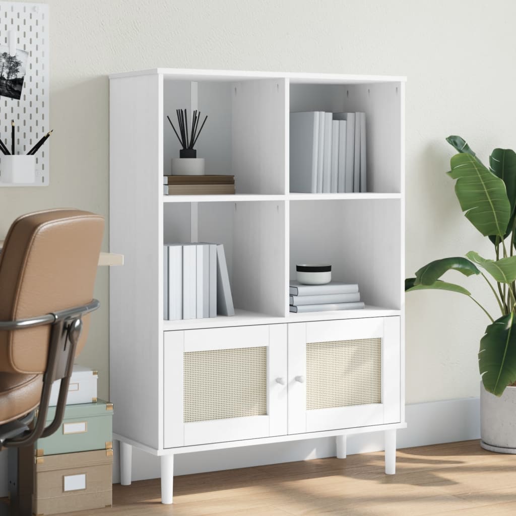 Bookcase SENJA Rattan Look White 90x35x130 cm Solid Wood Pine - All Things Good