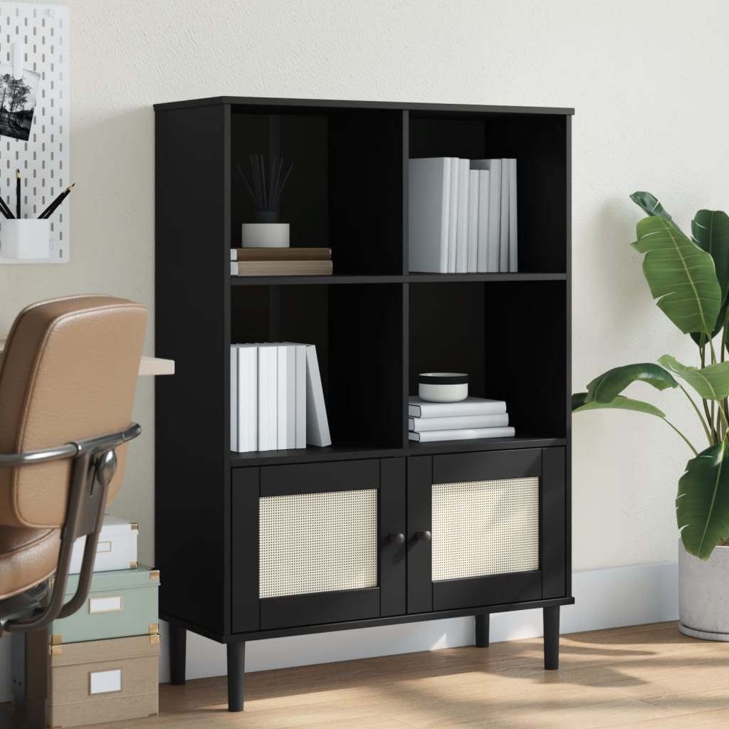 Bookcase SENJA Rattan Look Black 90x35x130 cm Solid Wood Pine - Style and Chic