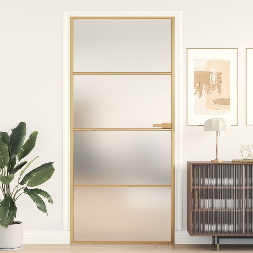 Interior Door Slim Golden 93x201.5 cm Tempered Glass and Aluminium - Discount Dealers