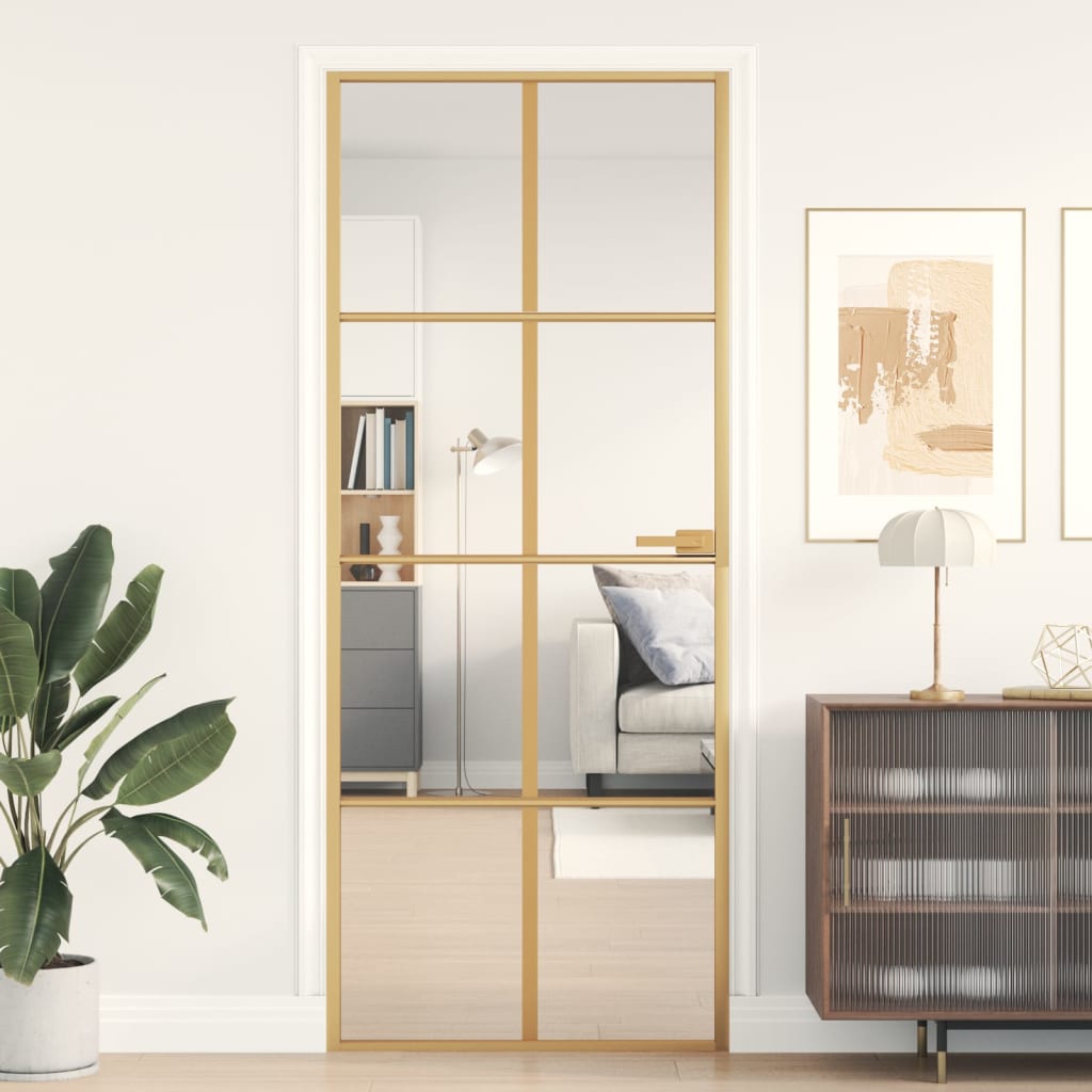 Interior Door Slim Golden 83x201.5 cm Tempered Glass and Aluminium - Tyrell & Tyrell