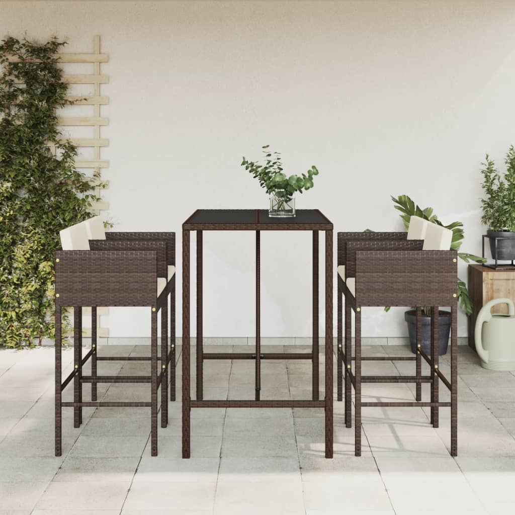 5 Piece Garden Bar Set with Cushions Brown Poly Rattan - Merkel Designers