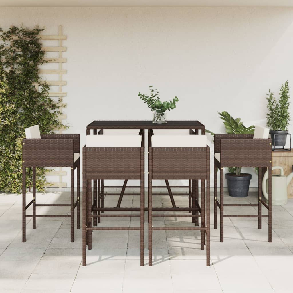 7 Piece Garden Bar Set with Cushions Brown Poly Rattan - Unbeatable Bargains