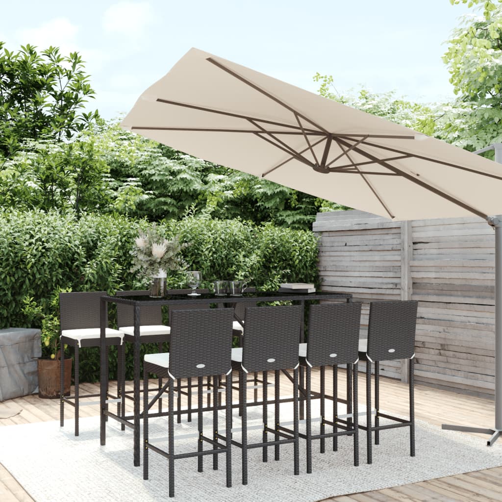 9 Piece Garden Bar Set with Cushions Black Poly Rattan - The Home Maker