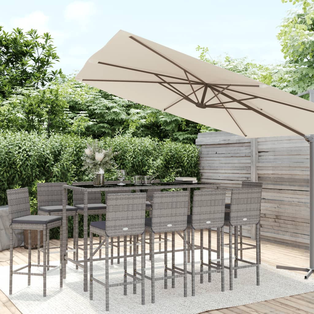 11 Piece Garden Bar Set with Cushions Grey Poly Rattan - Unbeatable Bargains