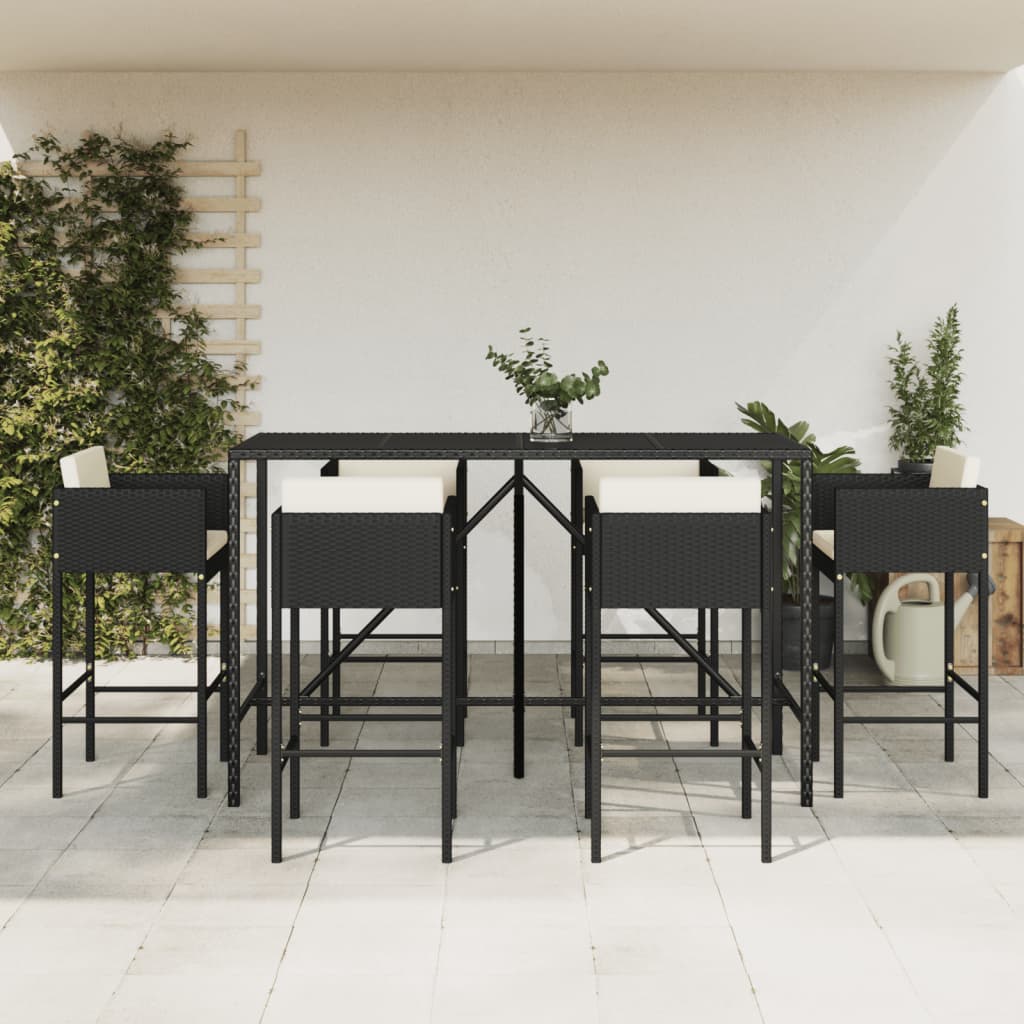 7 Piece Garden Bar Set with Cushions Black Poly Rattan - Brittle & Co