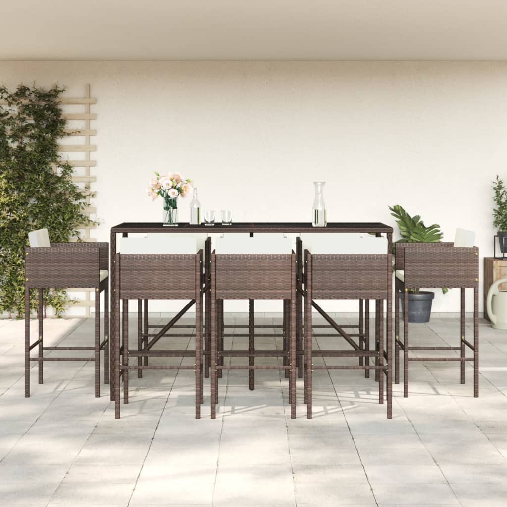 9 Piece Garden Bar Set with Cushions Brown Poly Rattan - The Home Maker