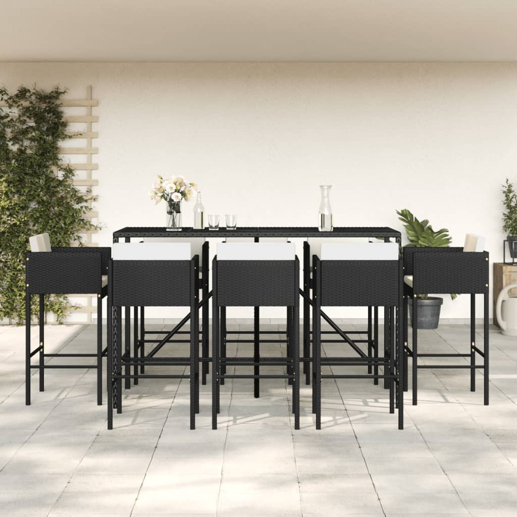 9 Piece Garden Bar Set with Cushions Black Poly Rattan - Sid & Sam