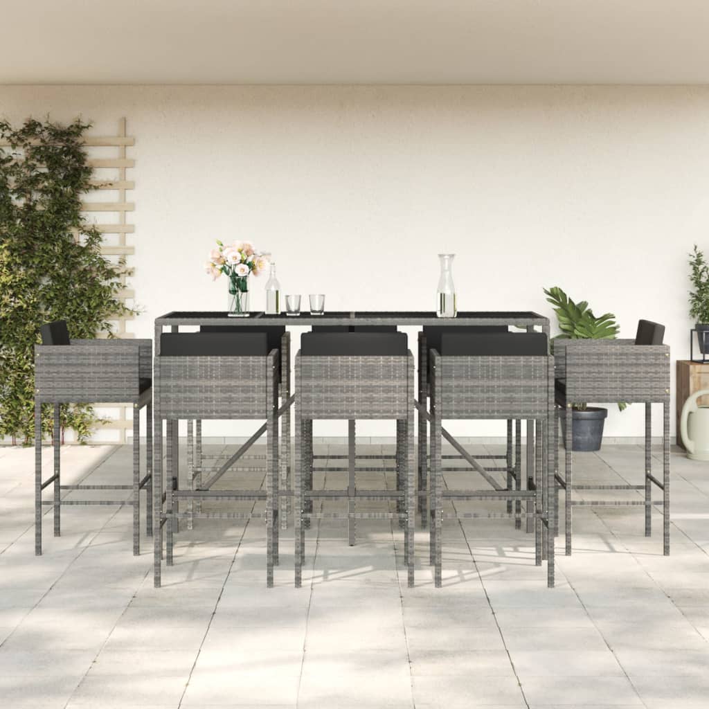 9 Piece Garden Bar Set with Cushions Grey Poly Rattan - Style and Chic