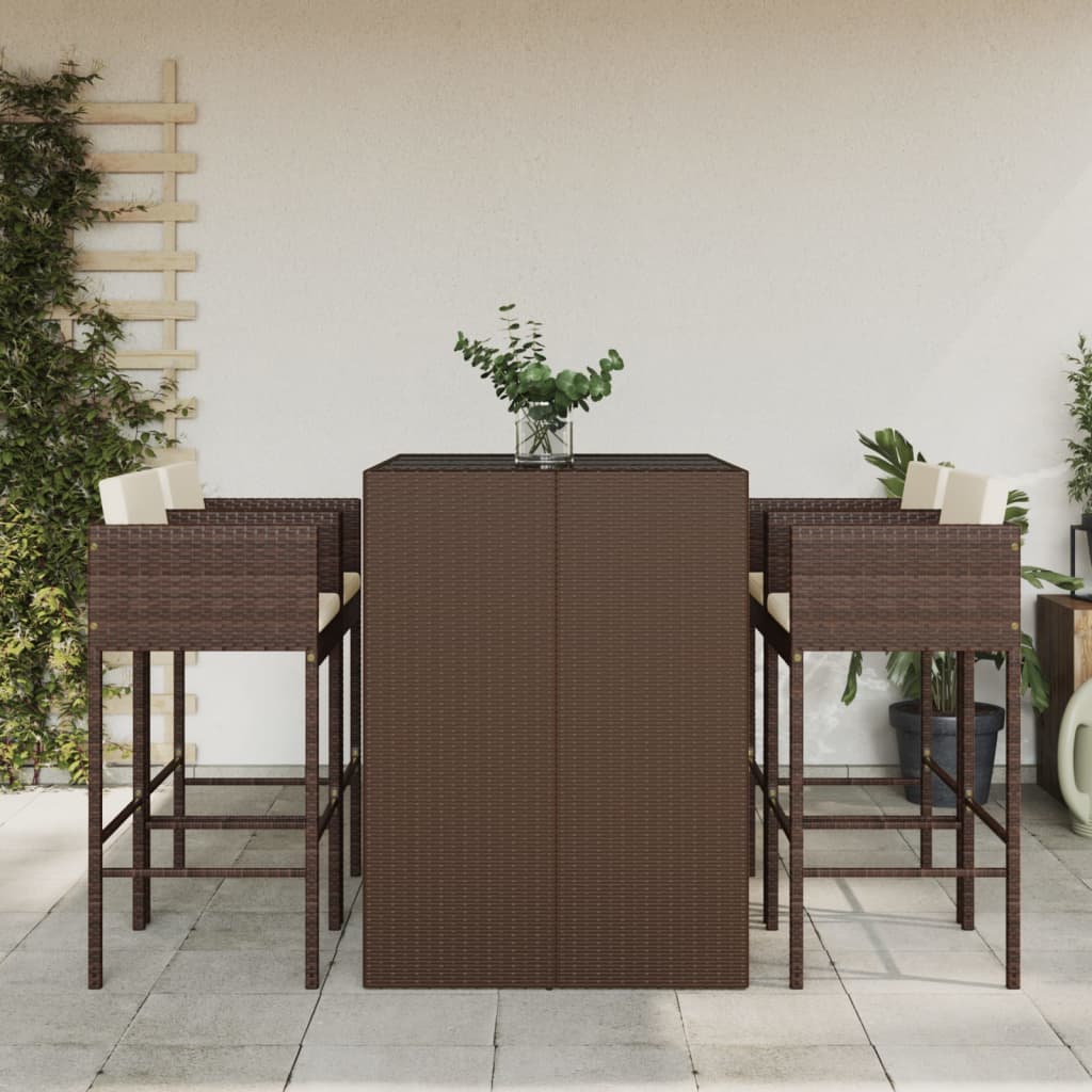 5 Piece Garden Bar Set with Cushions Brown Poly Rattan - Tyrell & Tyrell