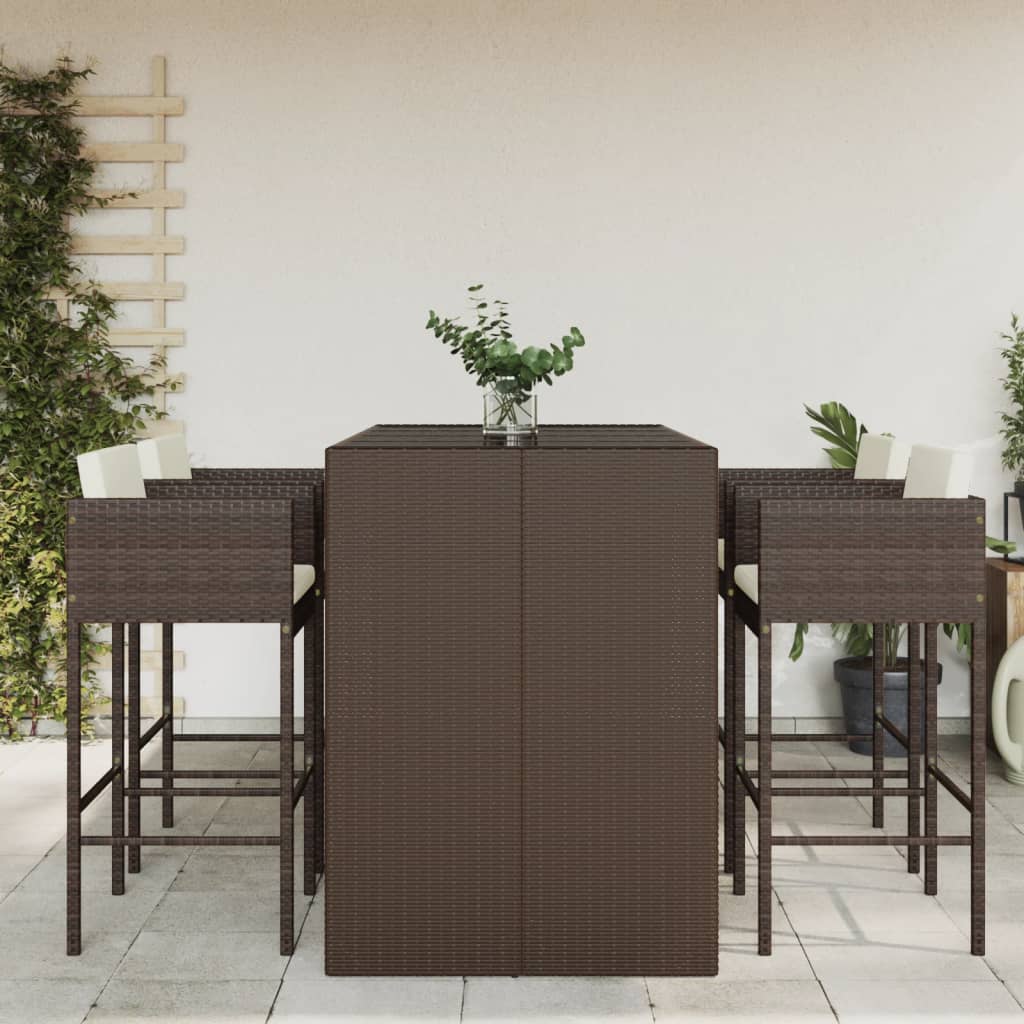 5 Piece Garden Bar Set with Cushions Brown Poly Rattan - R and M Furniture