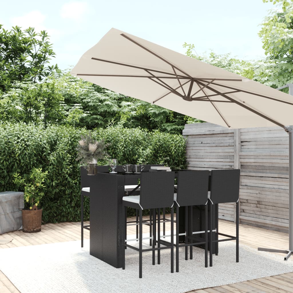 7 Piece Garden Bar Set with Cushions Black Poly Rattan - Unbeatable Bargains