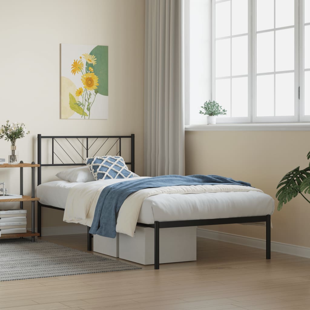 Metal Bed Frame with Headboard Black 90x190 cm Single - Direct Imports