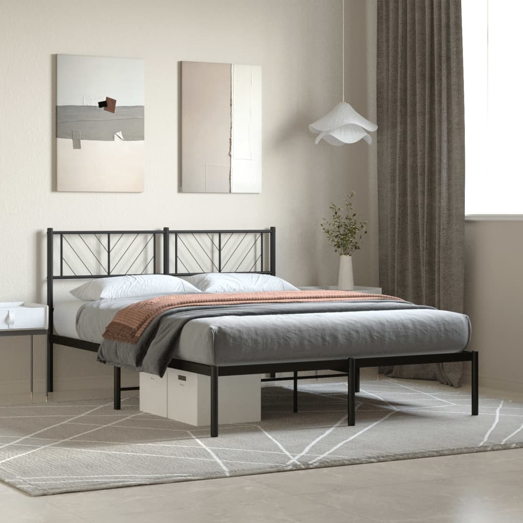 Metal Bed Frame with Headboard Black 135x190 cm Double - All Things Good