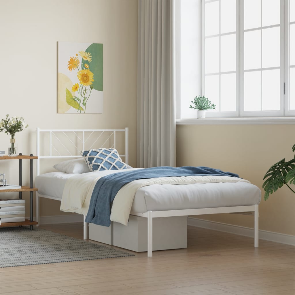 Metal Bed Frame with Headboard White 90x190 cm Single - Discount Dealers