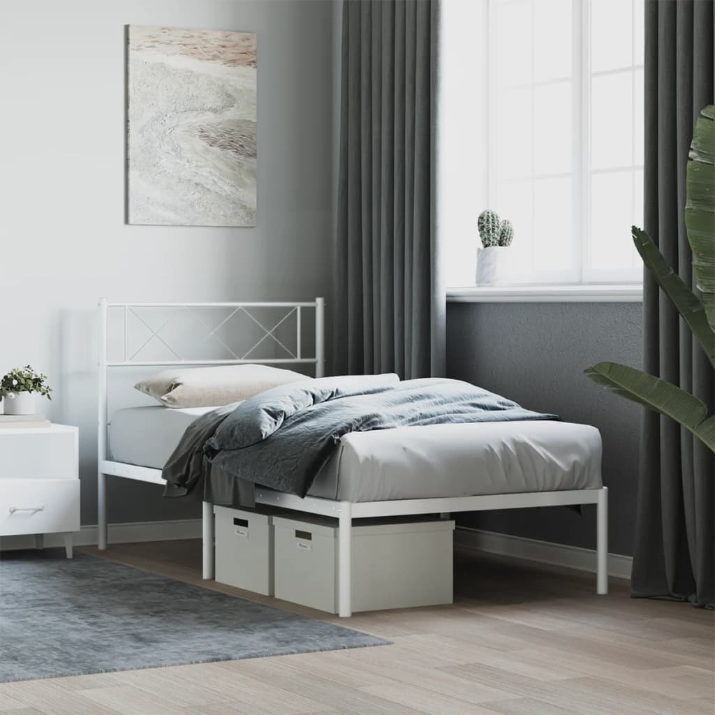 Metal Bed Frame with Headboard White 90x190 cm 3FT Single - Direct Imports