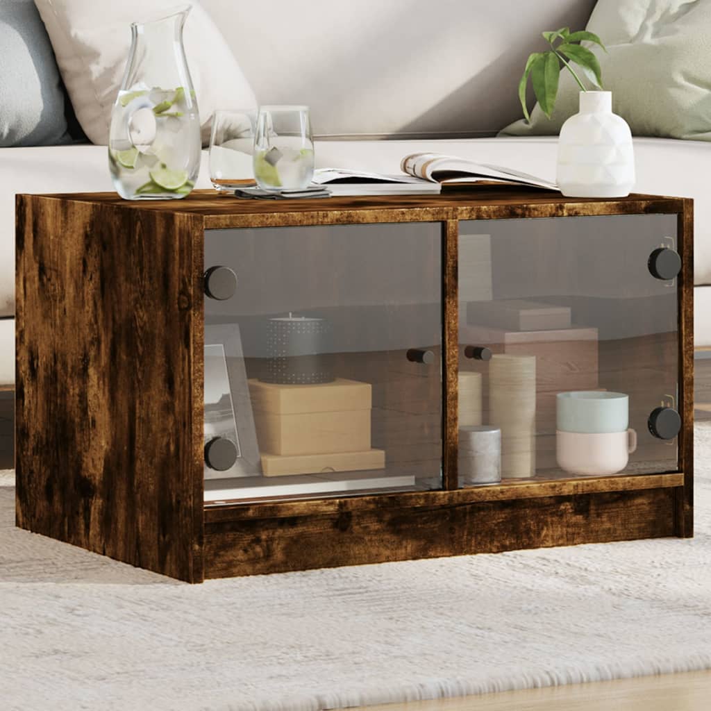 Coffee Table with Glass Doors Smoked Oak 68x50x42 cm - Merlin Deals