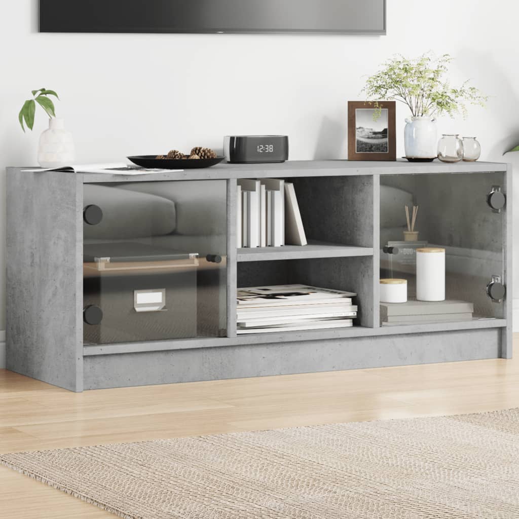 TV Cabinet with Glass Doors Concrete Grey 102x37x42 cm - The Home Maker