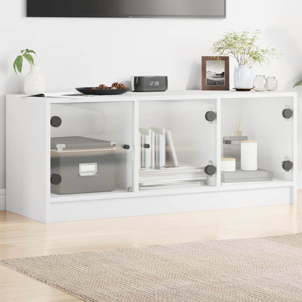 TV Cabinet with Glass Doors White 102x37x42 cm - Merkel Designers