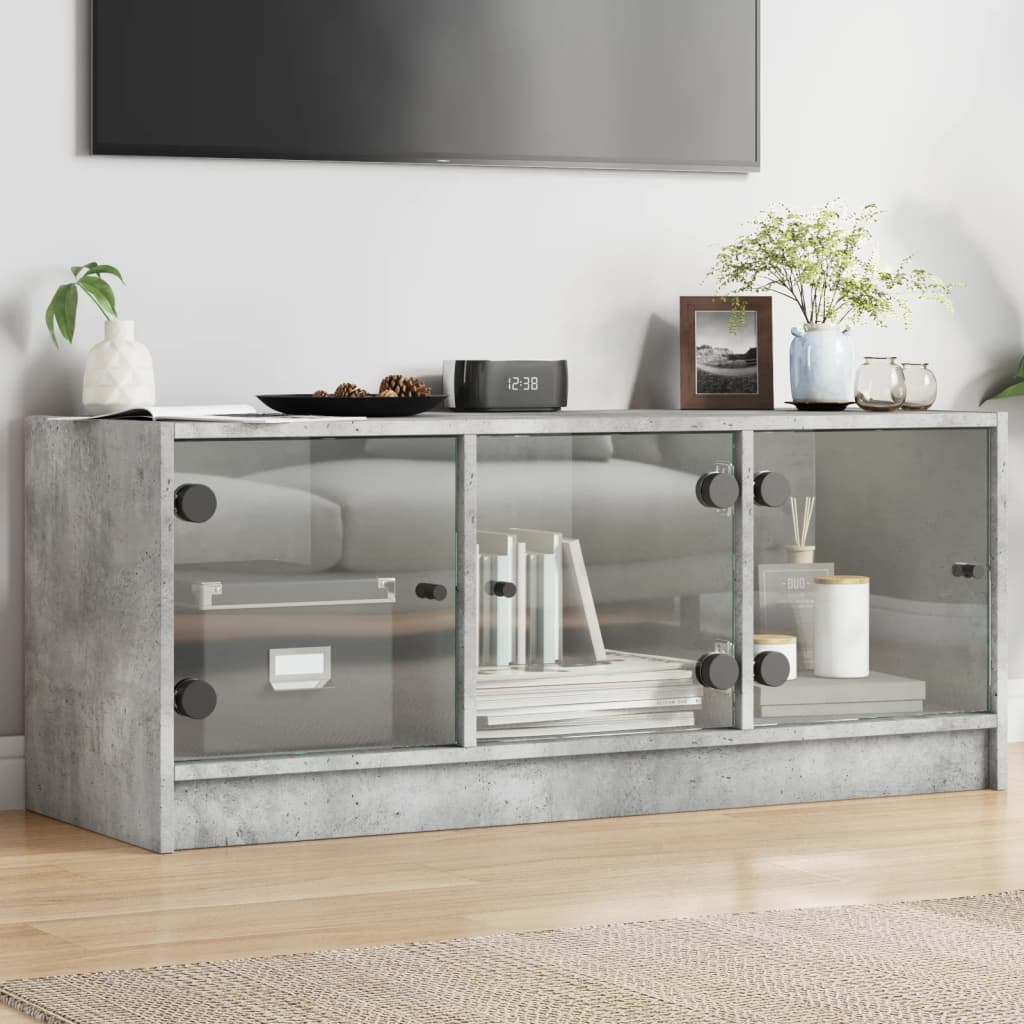 TV Cabinet with Glass Doors Concrete Grey 102x37x42 cm - Style and Chic