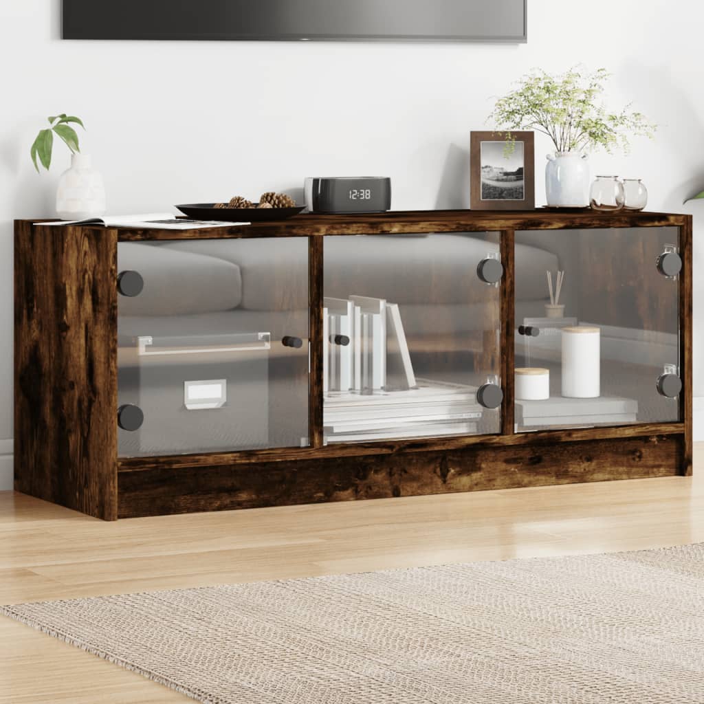 TV Cabinet with Glass Doors Smoked Oak 102x37x42 cm - Merkel Designers