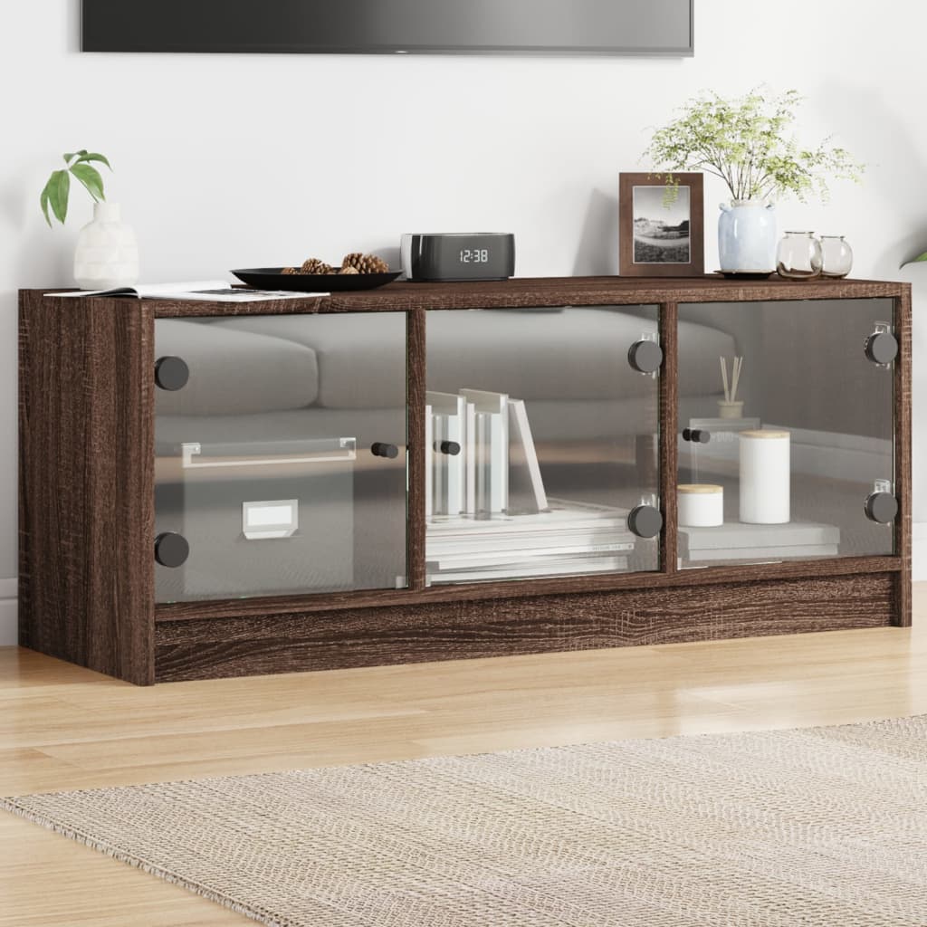 TV Cabinet with Glass Doors Brown Oak 102x37x42 cm - Merkel Designers