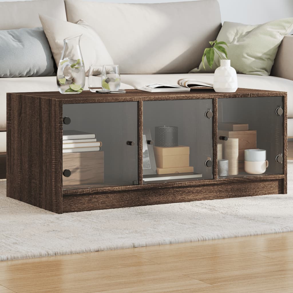 Coffee Table with Glass Doors Brown Oak 102x50x42 cm - Decor Base
