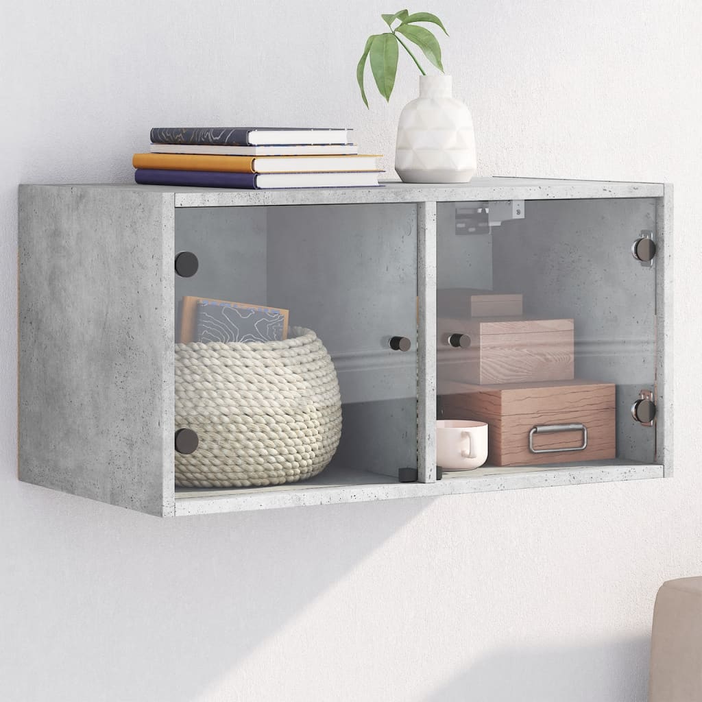 Wall Cabinet with Glass Doors Concrete Grey 68.5x37x35 cm - Merlin Deals